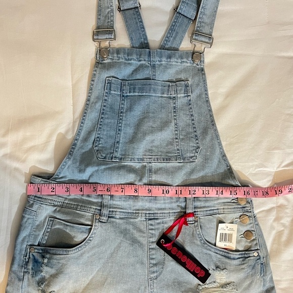 Dollhouse Juniors Sz 11 Denim Overalls Distressed Stretch Blue Short-alls NWT - Picture 12 of 16